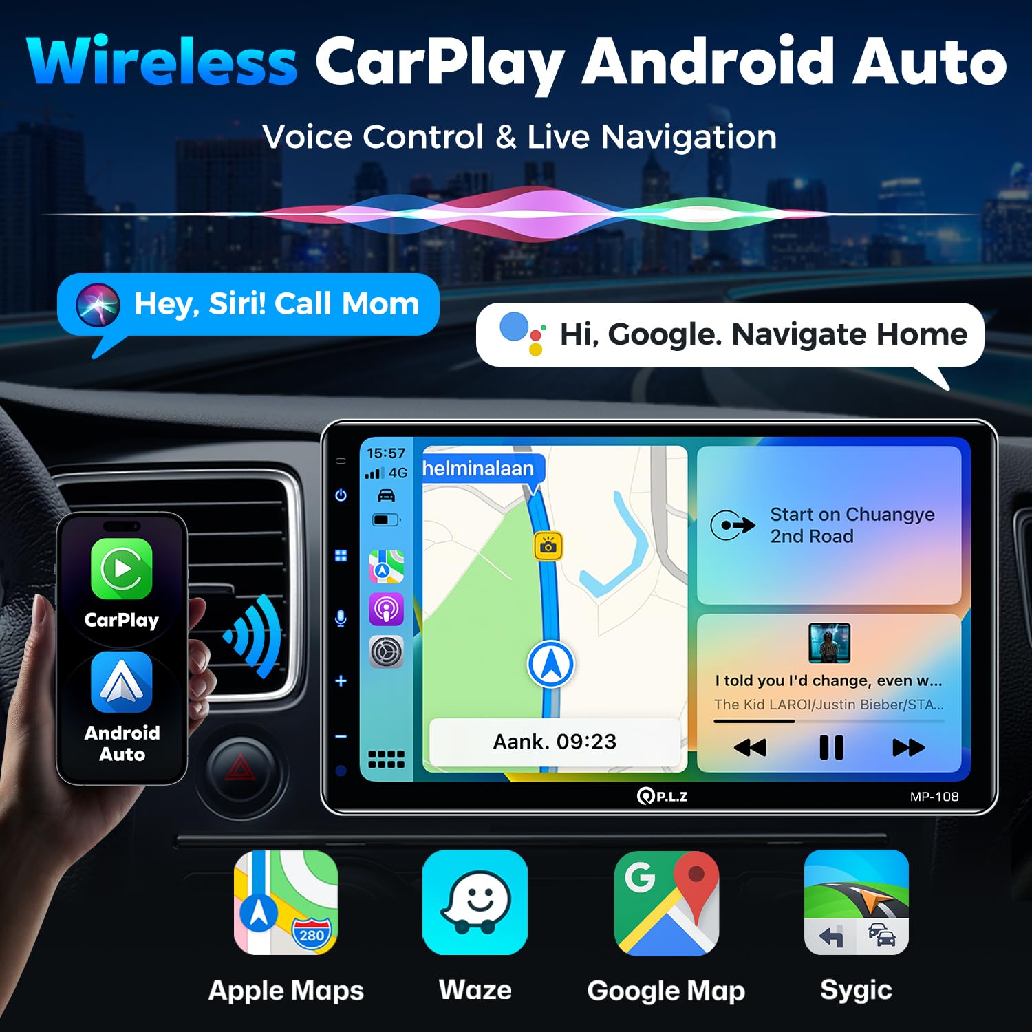 Plz 10.1'' Wireless Single Din Car Radio Stereo With Apple Carplay Android Auto Touch Screen, Car Play Audio Receivers Headunit,